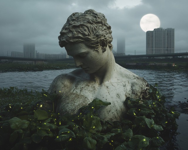 Surreal Blend of History, Future City, and Eclipse Scene