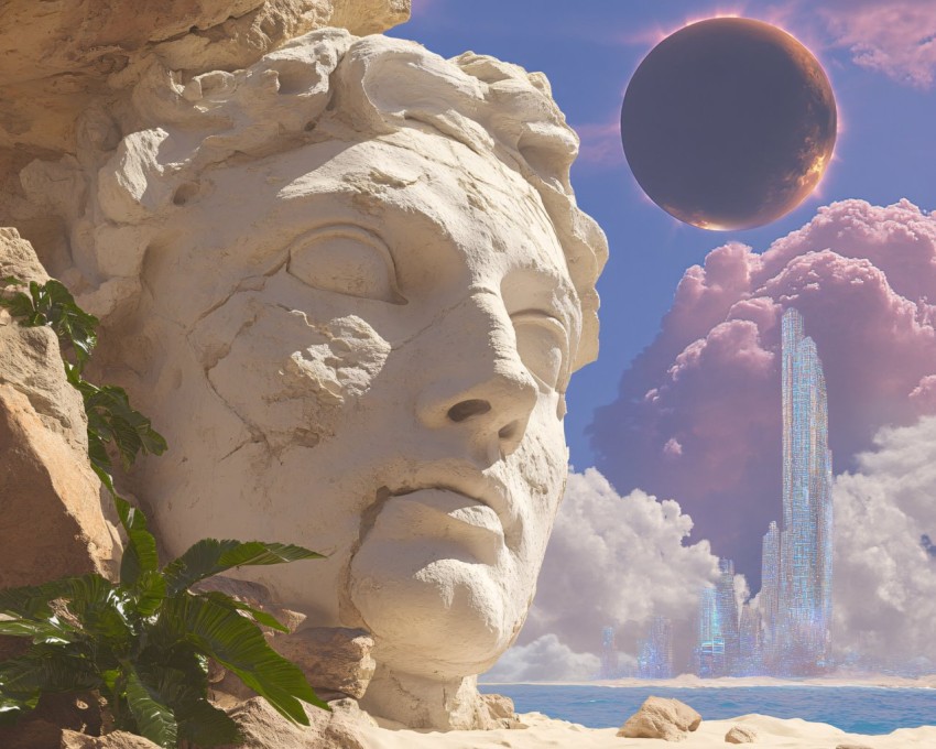 Surreal Scene of Ancient Statue, Futuristic City, and Eclipse