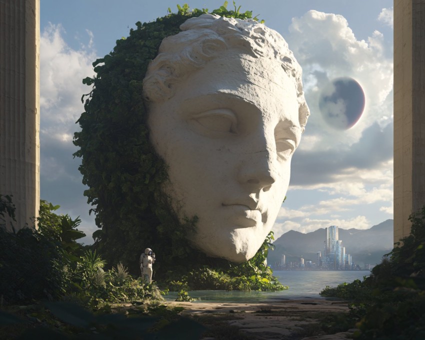 Surreal Photograph of Ancient Statue, Futuristic City, and Eclipse