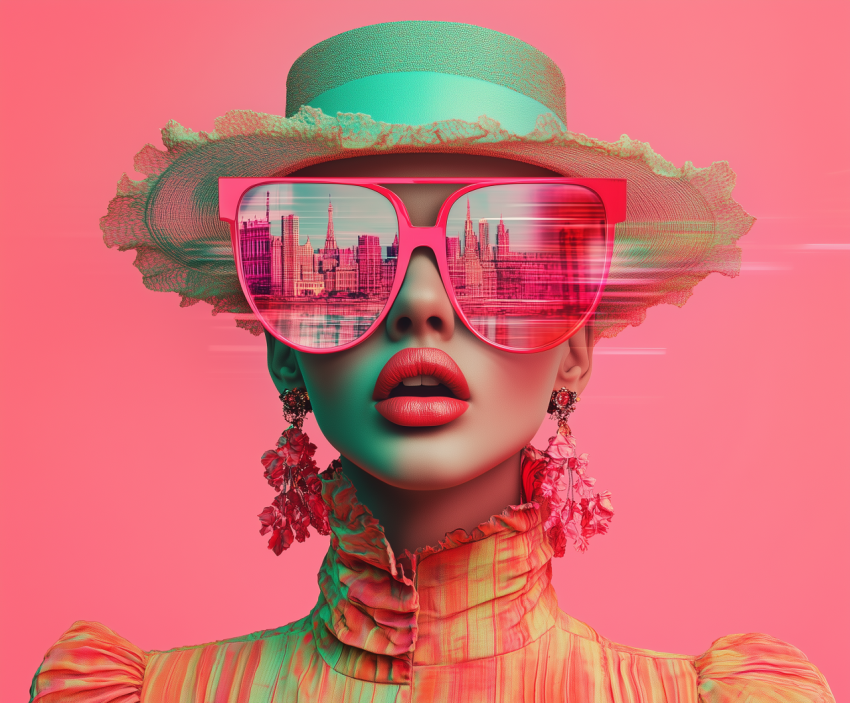 Futuristic Fashion Woman with Oversized Sunglasses and City Reflection