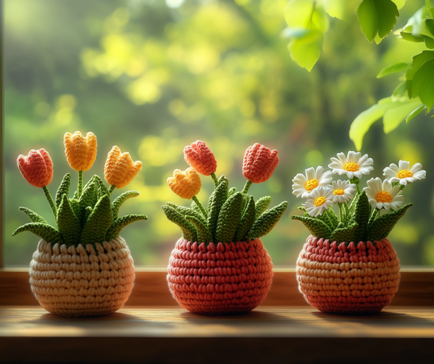 Crochet Flower Pots with Colorful Tulips and Daisies on a Sunny Windowsill