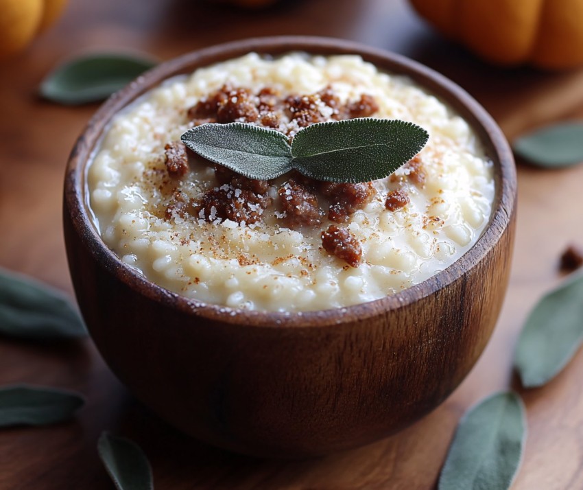 Pumpkin Risotto with Sausage and Fresh Sage Close-Up