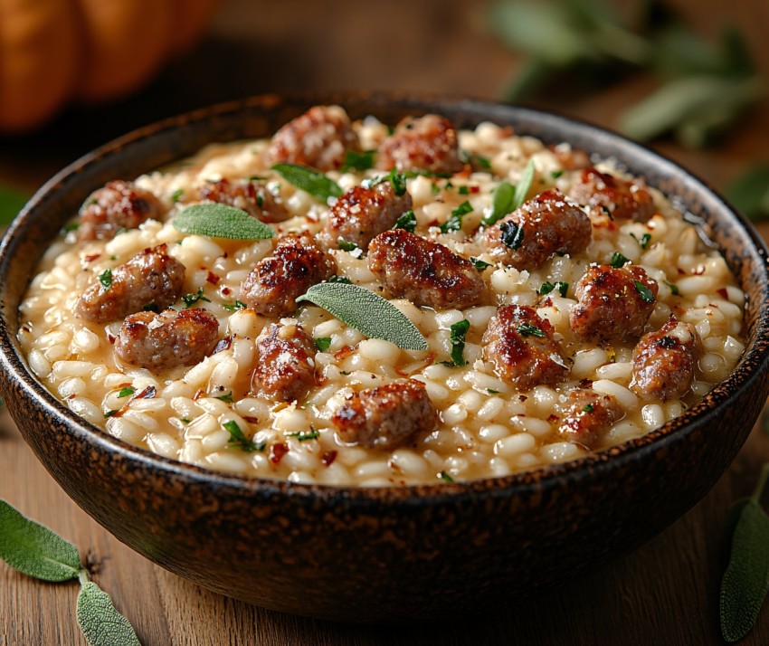 Pumpkin Risotto with Italian Sausage and Sage Garnish