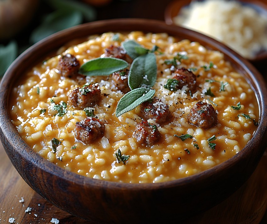 Pumpkin Risotto with Italian Sausage and Sage Garnish