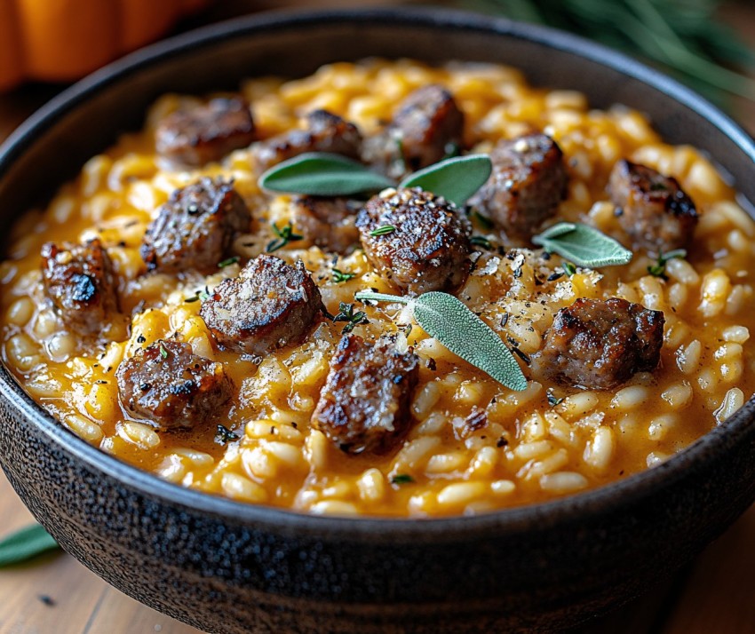 Pumpkin Risotto with Italian Sausage and Sage in Rustic Bowl