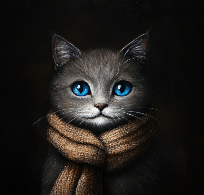 Gray Cat with Scarf Oil Painting on Black Background