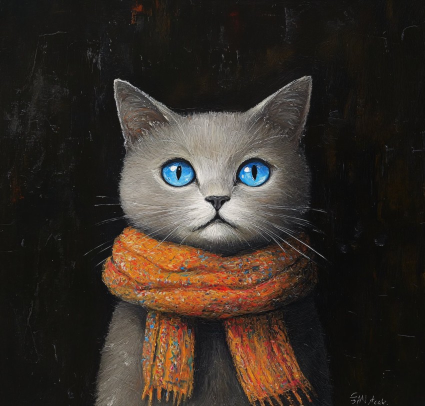 Cute Gray Cat in Scarf Oil Painting