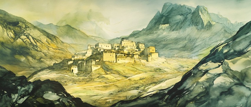 Ancient Mountains and Valleys Ink Wash Illustration