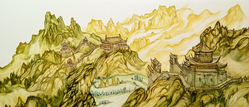 Mountain Landscape Illustration with Mythical Chinese Elements