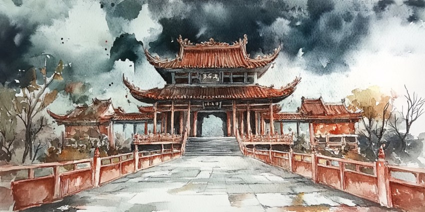 Ruined Chinese Temple in Fantasy Watercolor Landscape