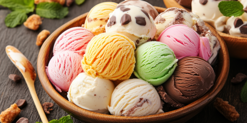 Assorted Ice Cream Scoops in a Wooden Bowl with Toppings