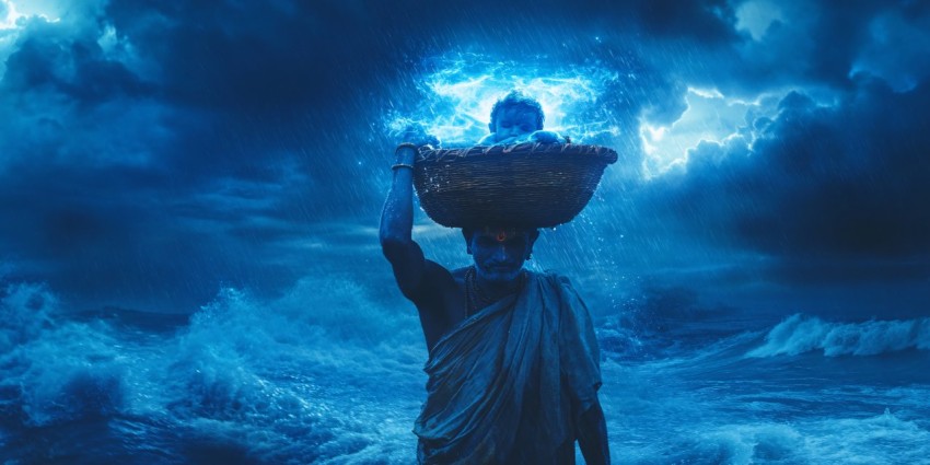 Man Carrying Glowing Baby Krishna in Ocean Storm