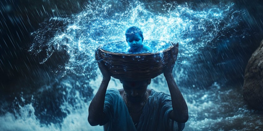 Man Carrying Glowing Baby Krishna Through Ocean Storm