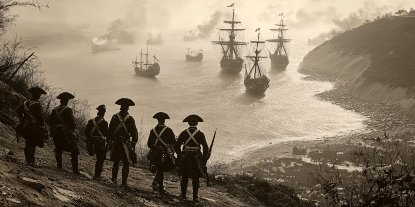 British Soldiers Observing Pirate Fleet from Tortuga Fortress