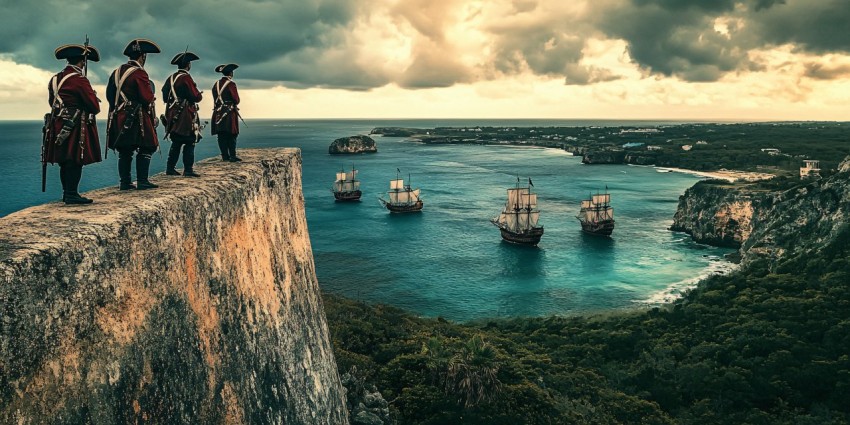 British Soldiers Observing Pirate Fleet from Fortress Wall