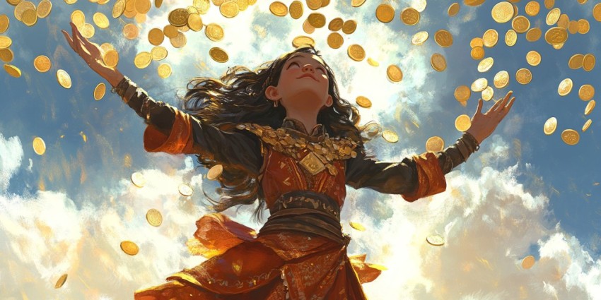 Little Sorceress Summoning Gold Coins from the Sky