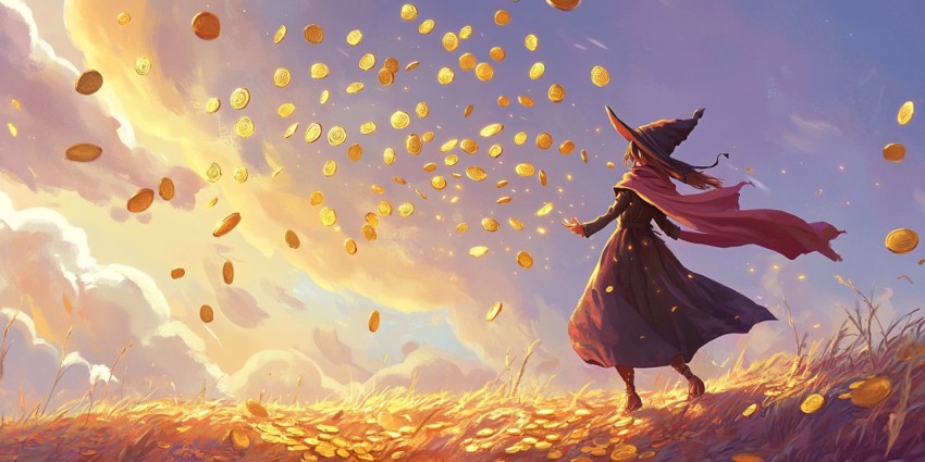 Little Sorceress Summoning Gold Coins in Meadow