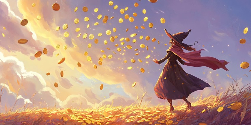 Little Sorceress Summoning Coins in Magical Scene