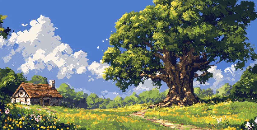 Pixel Art of a Tranquil Countryside