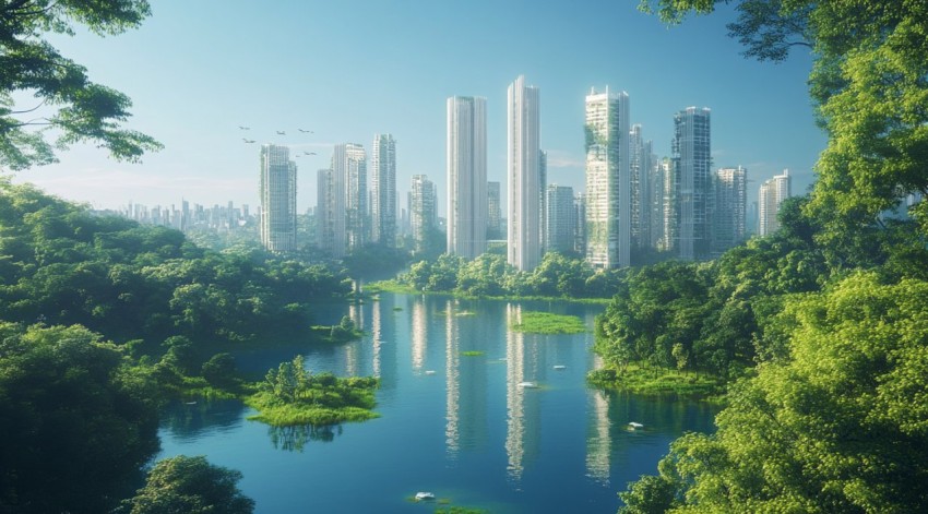 Futuristic White Sand Skyscrapers Floating on Water