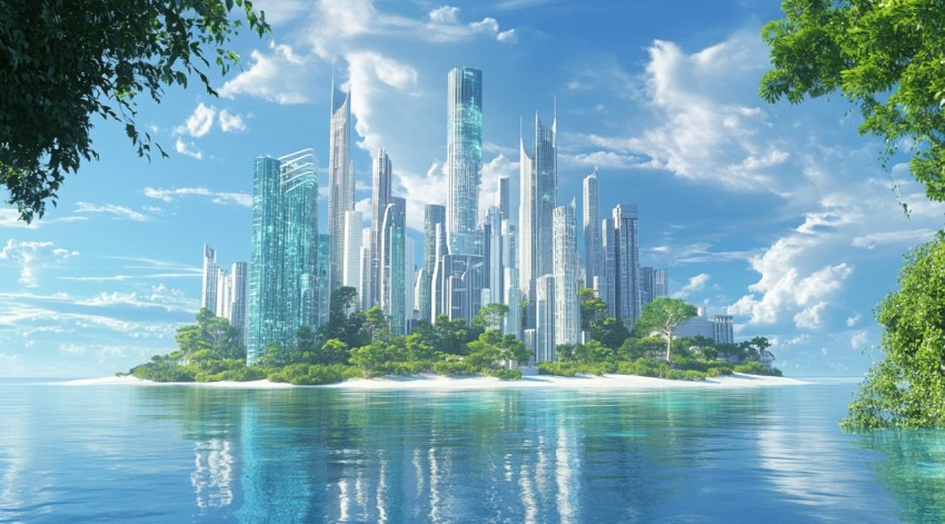 Futuristic Floating City with White Sand Skyscrapers