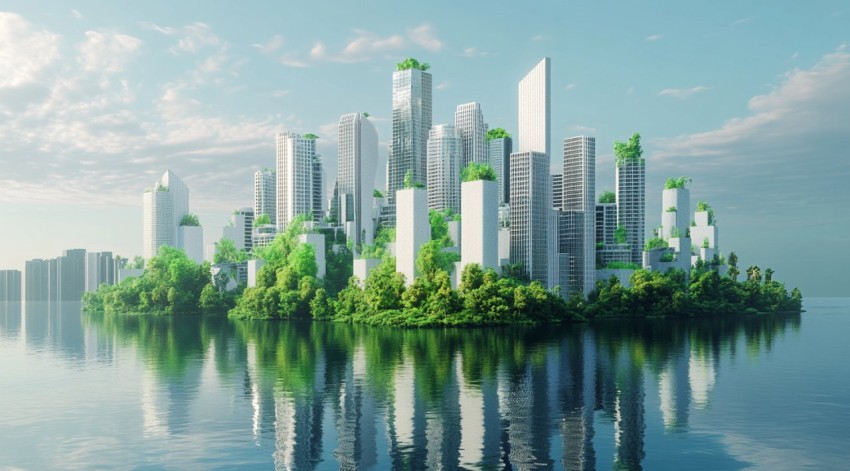 Futuristic City with White Sand Skyscrapers Floating on Water