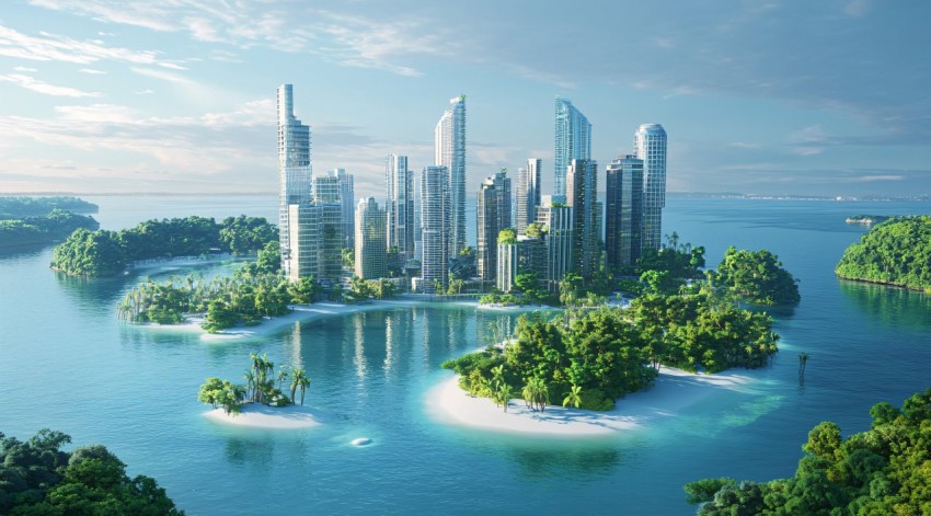 Futuristic Floating City with White Sand Skyscrapers