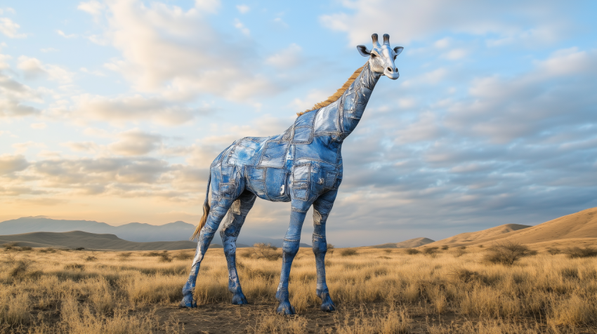 Giraffe in Denim - Surreal Wildlife in a Desert Landscape