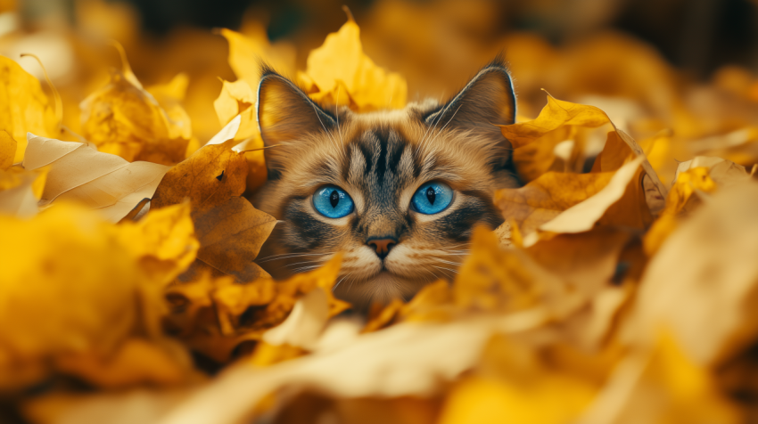 Blue-Eyed Cat Hidden in Autumn Leaves