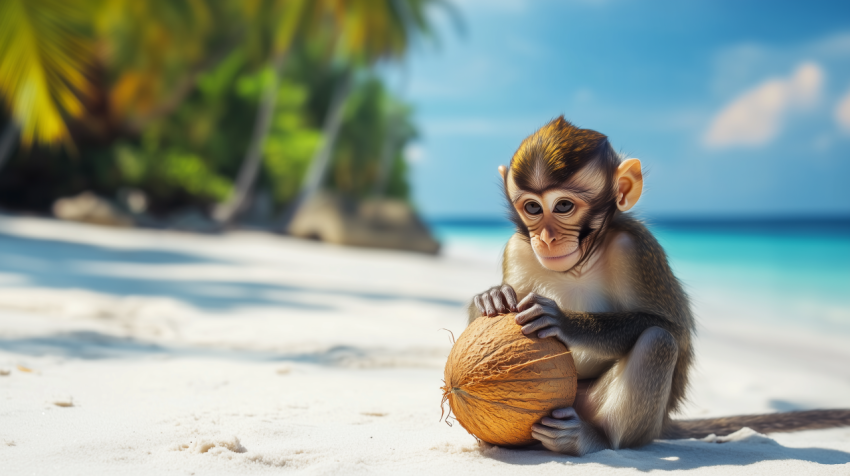 Small Monkey Playing with a Coconut on a Tropical Beach