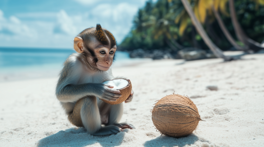 Small Monkey with Coconut on a Tropical Beach