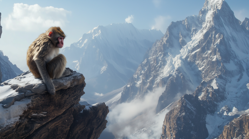 Mountain Monkey Perched on a Rocky Ledge Overlooking Snowy Peaks