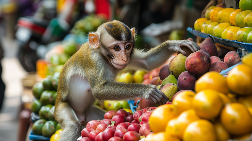 Curious Monkey Exploring a Colorful Outdoor Fruit Market