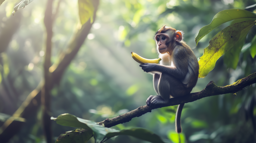 Monkey Holding a Banana While Sitting on a Tree Branch in the Jungle