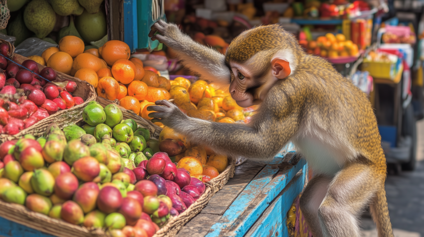 Curious Monkey Exploring a Colorful Outdoor Fruit Market