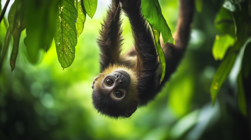 Monkey Hanging Upside Down from a Vine in a Lush Rainforest