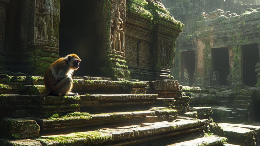 Monkey Sitting on the Steps of an Ancient Temple in the Jungle