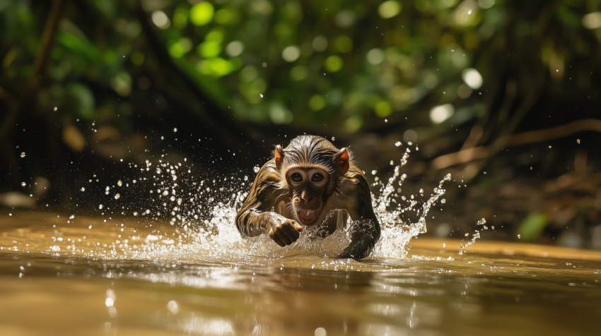 Monkey Playing in Water and Splashing Through a Shallow River