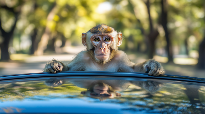 Monkey Sitting on the Roof of a Car in an Urban Park