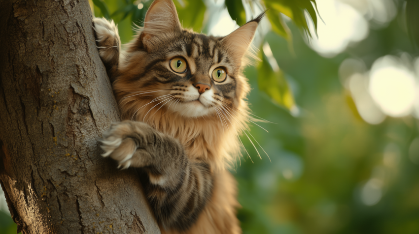 Maine Coon Cat Climbing a Tree in a Lush Green Outdoor Setting