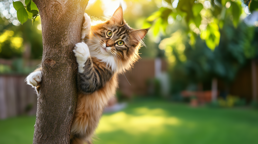 Maine Coon Cat Climbing a Tree in a Sunlit Backyard