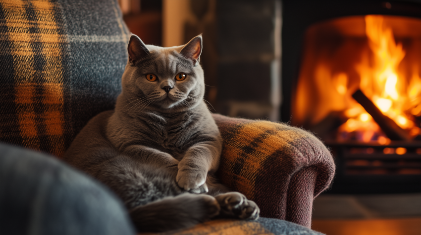 British Shorthair Relaxing on a Cozy Armchair by the Fireplace