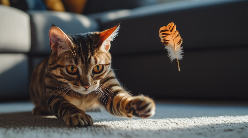 Bengal Cat Playing with a Feather Toy in a Modern Living Room