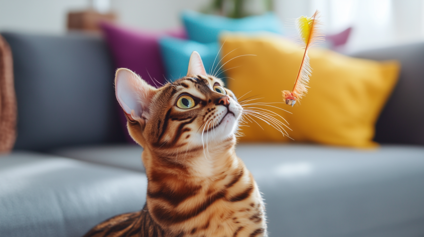 Bengal Cat Playing with a Feather Toy in a Modern Living Room