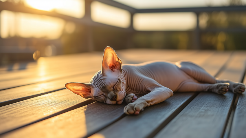 Sphynx Cat Basking in the Sun on a Warm Wooden Deck