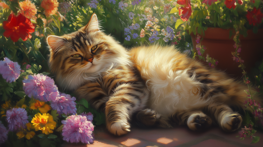 Persian Cat Relaxing in a Sunlit Garden Surrounded by Colorful Flowers