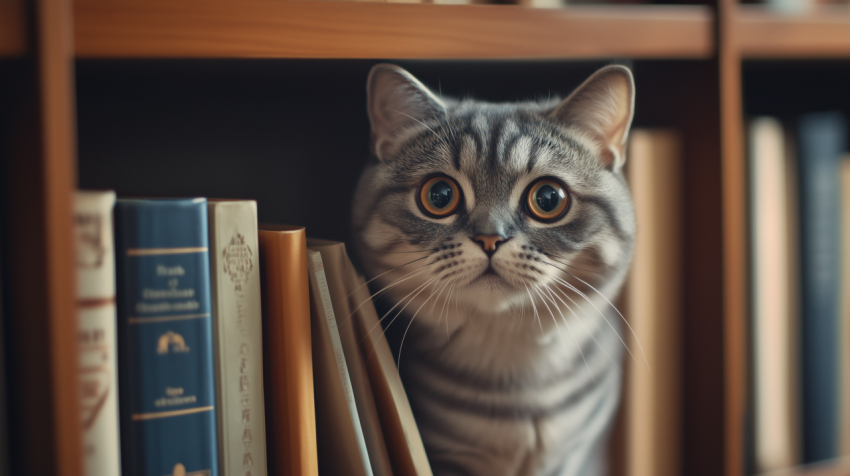 Scottish Fold Cat Curiously Exploring a Bookshelf in a Cozy Home