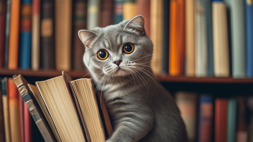 Scottish Fold Cat Curiously Exploring a Bookshelf in a Cozy Home Library