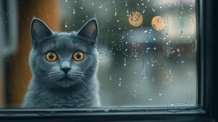 Russian Blue Cat Staring Through a Rainy Window