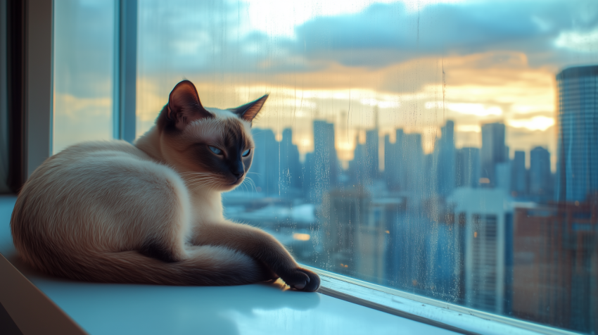 Siamese Cat Lounging on a Windowsill Overlooking a Rainy Cityscape at Sunset